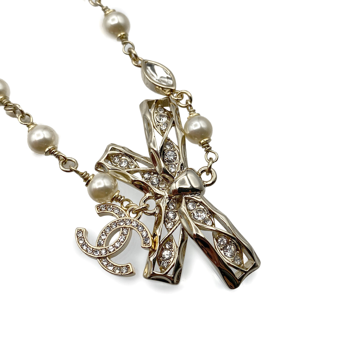 CHANEL NECKLACE COCOMARK FAUX PEARL RIBBON RHINESTONE ACCESSORY B24B 90264577