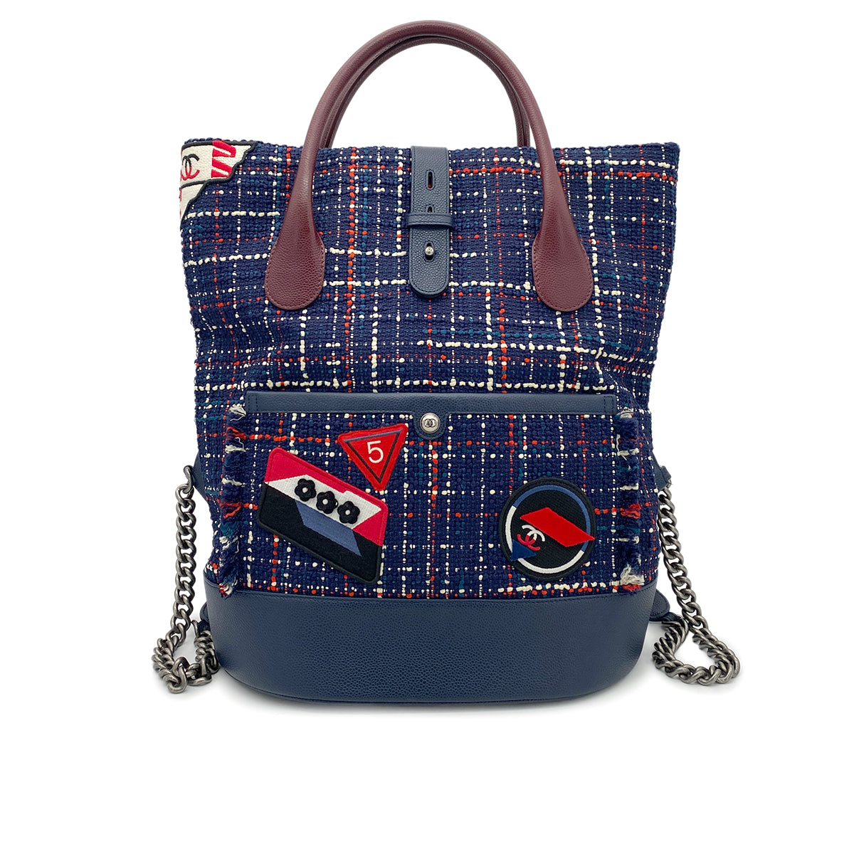 CHANEL AIRLINE CHAIN TOTE BACKPACK NAVY RED TWEED LEATHER 90264750