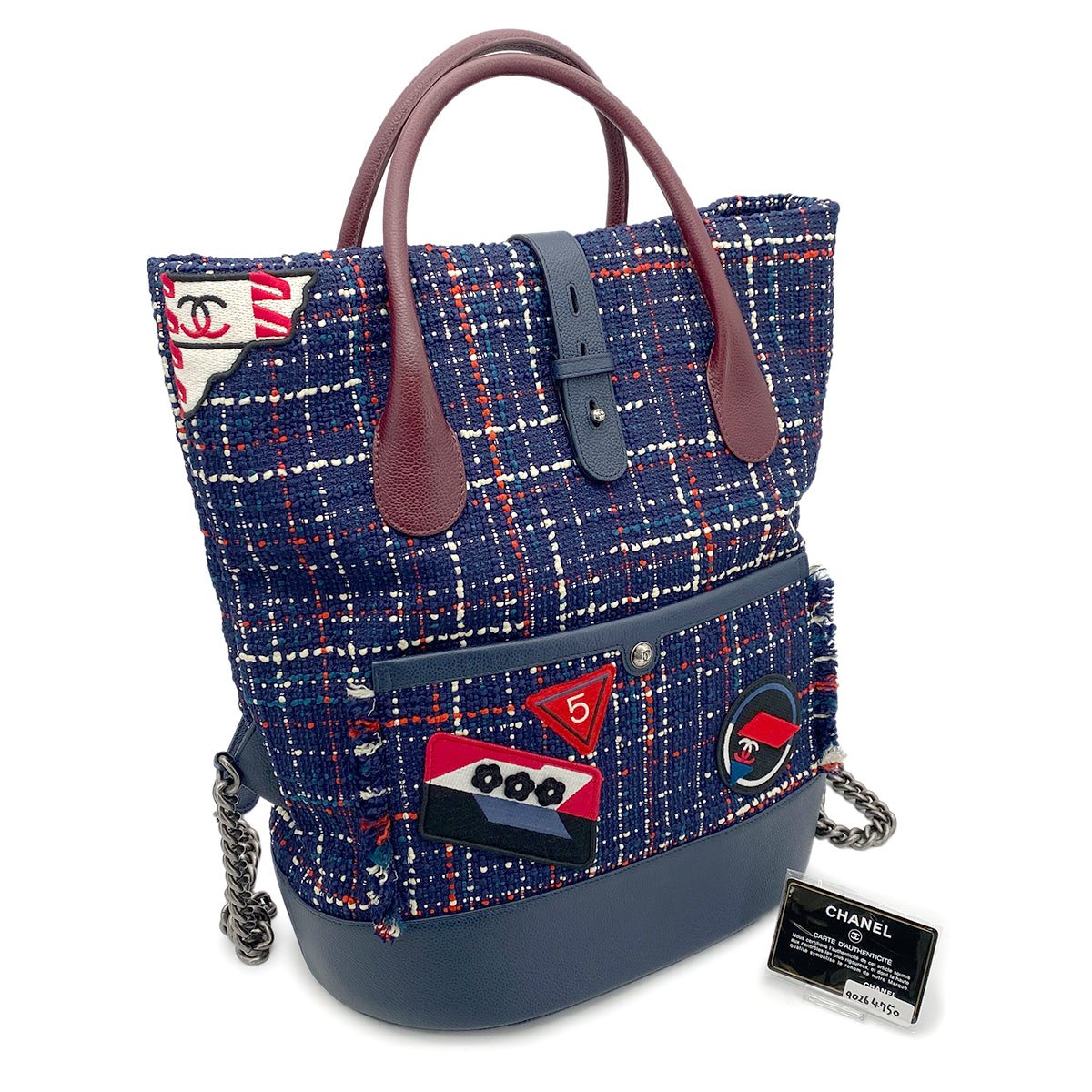 CHANEL AIRLINE CHAIN TOTE BACKPACK NAVY RED TWEED LEATHER 90264750
