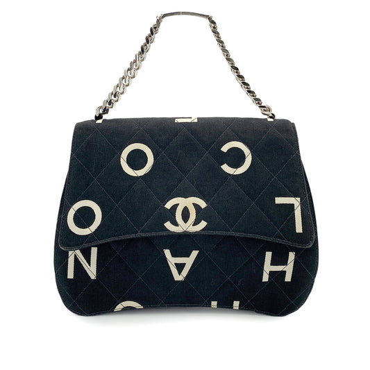 CHANEL VINTAGE LOGO PRINT CHAIN HAND BAG BLACK CANVAS 90264785