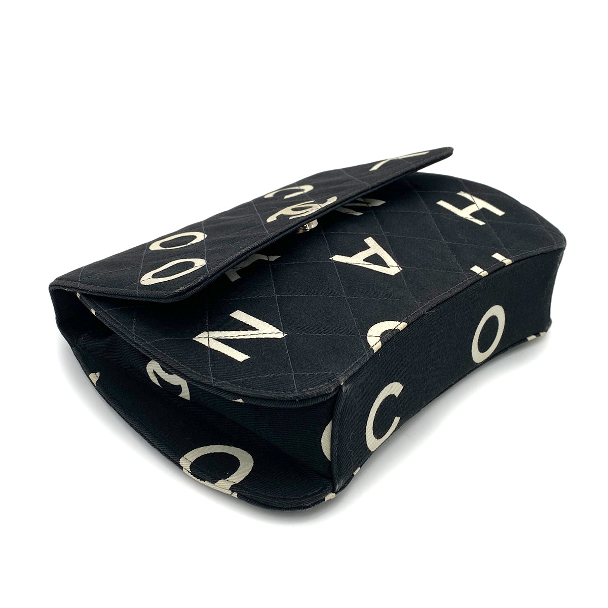 CHANEL VINTAGE LOGO PRINT CHAIN HAND BAG BLACK CANVAS 90264785