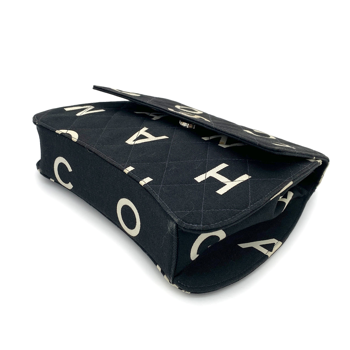 CHANEL VINTAGE LOGO PRINT CHAIN HAND BAG BLACK CANVAS 90264785