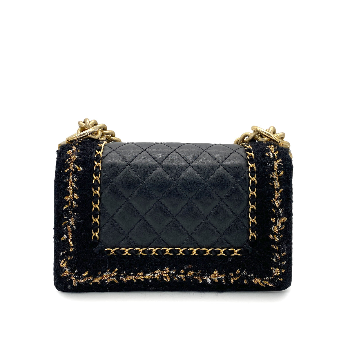 CHANEL BOY CHANEL MINI CHAIN SHOULDER BAG BLACK LEATHER TWEED 90264806