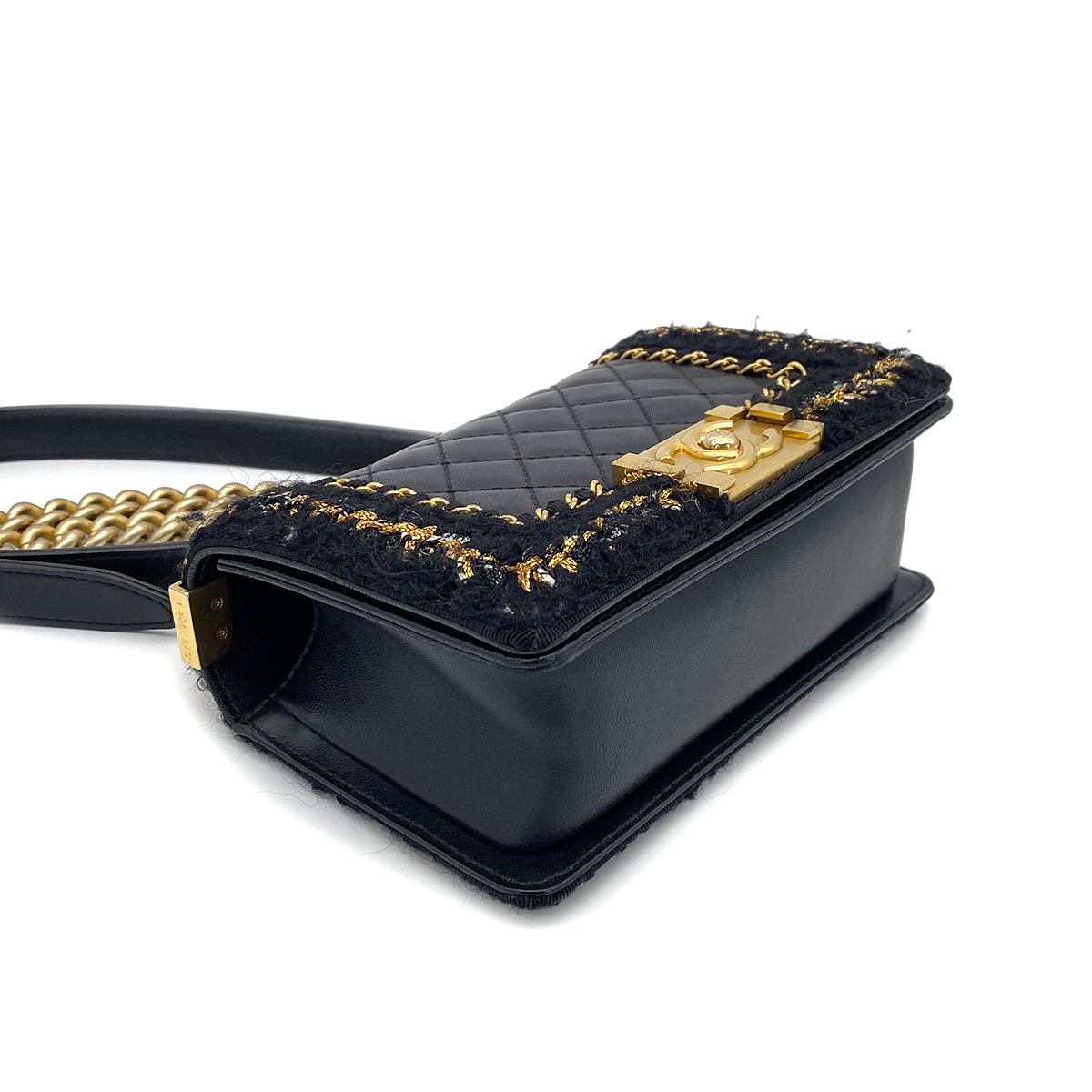 CHANEL BOY CHANEL MINI CHAIN SHOULDER BAG BLACK LEATHER TWEED 90264806