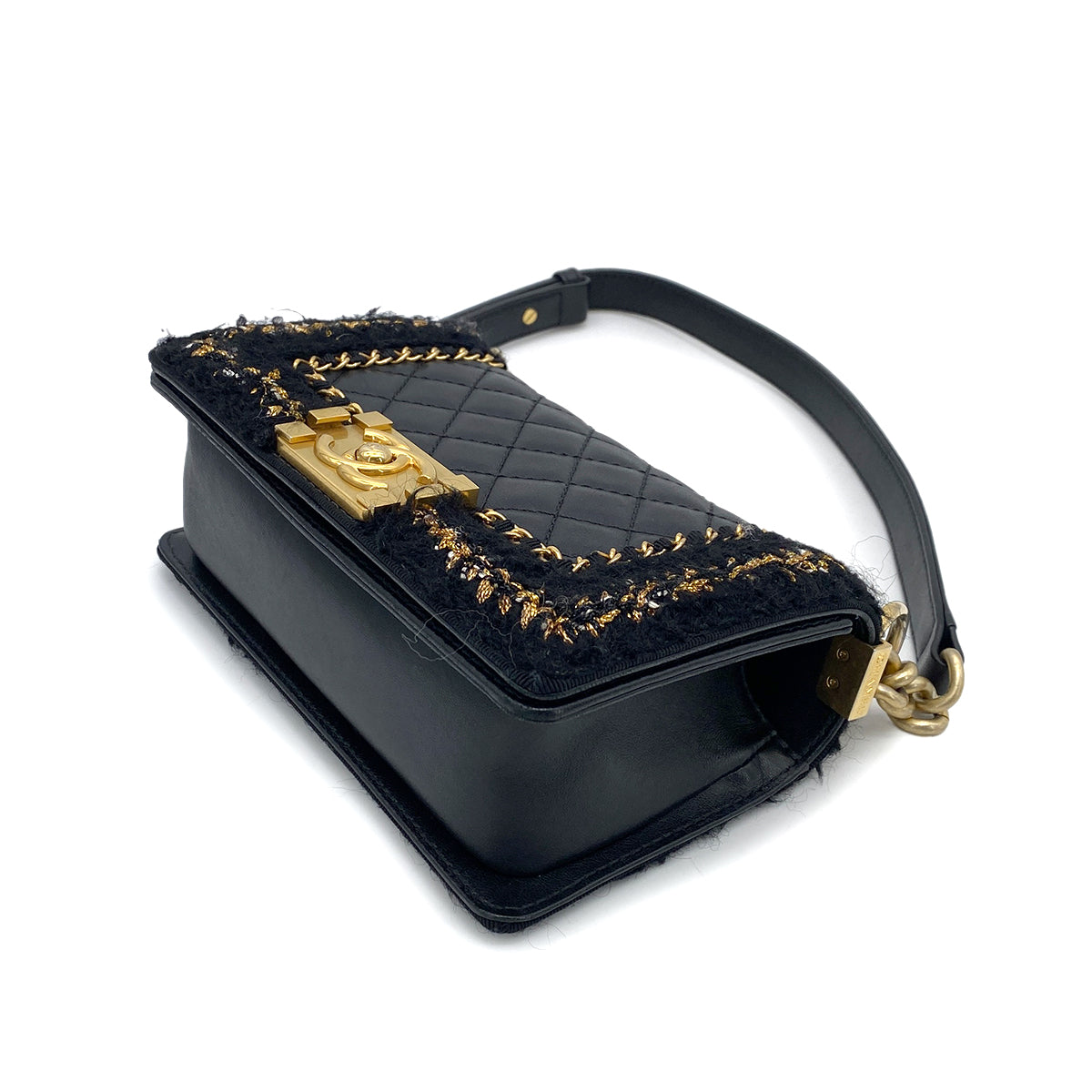 CHANEL BOY CHANEL MINI CHAIN SHOULDER BAG BLACK LEATHER TWEED 90264806