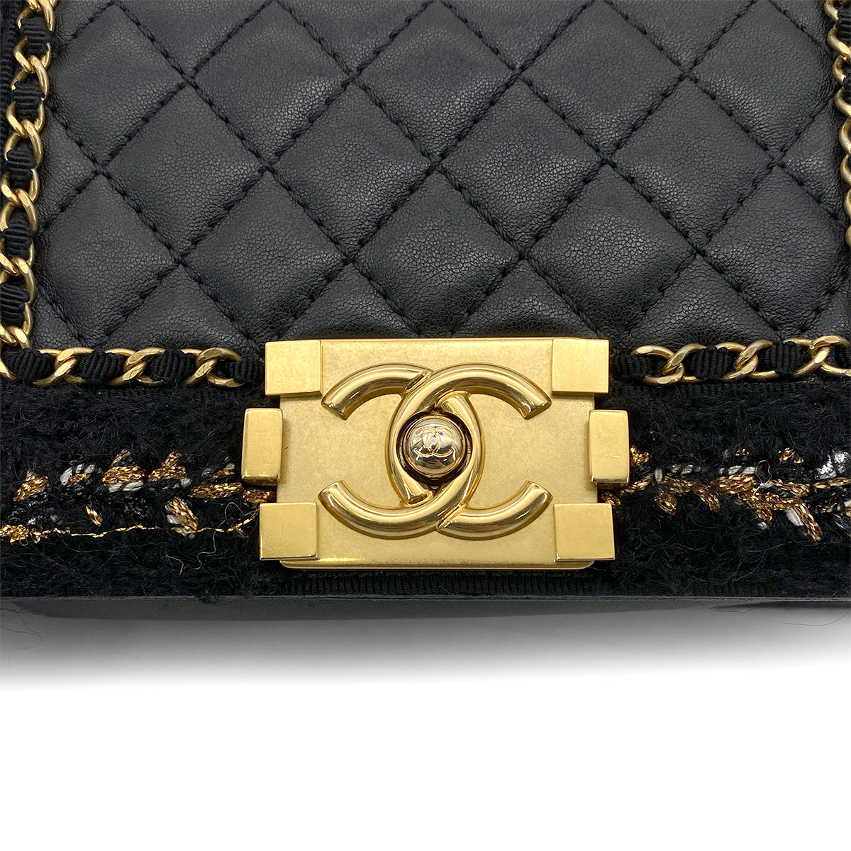 CHANEL BOY CHANEL MINI CHAIN SHOULDER BAG BLACK LEATHER TWEED 90264806
