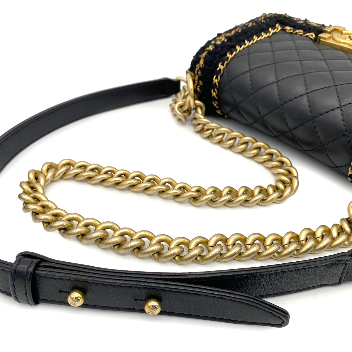 CHANEL BOY CHANEL MINI CHAIN SHOULDER BAG BLACK LEATHER TWEED 90264806