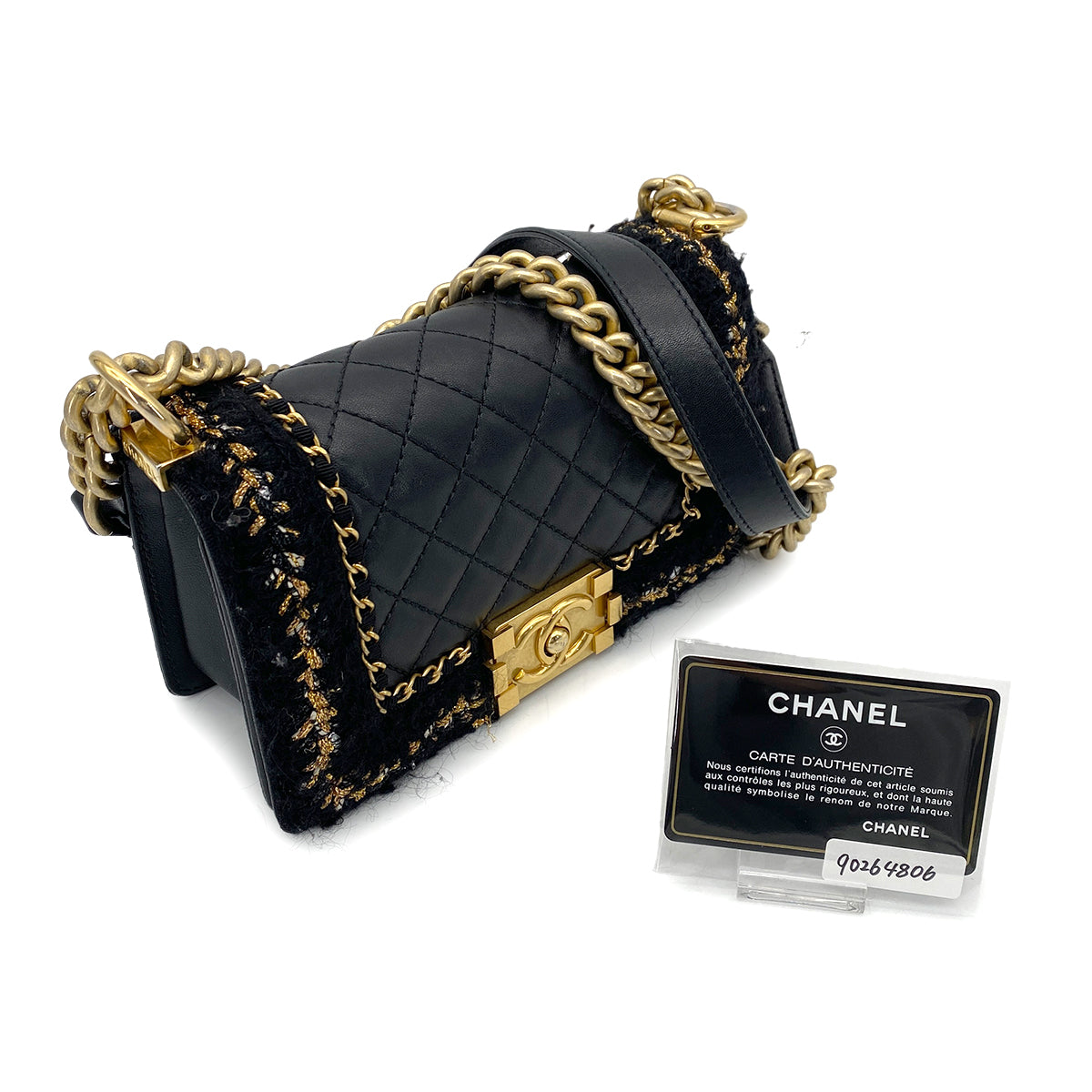 CHANEL BOY CHANEL MINI CHAIN SHOULDER BAG BLACK LEATHER TWEED 90264806