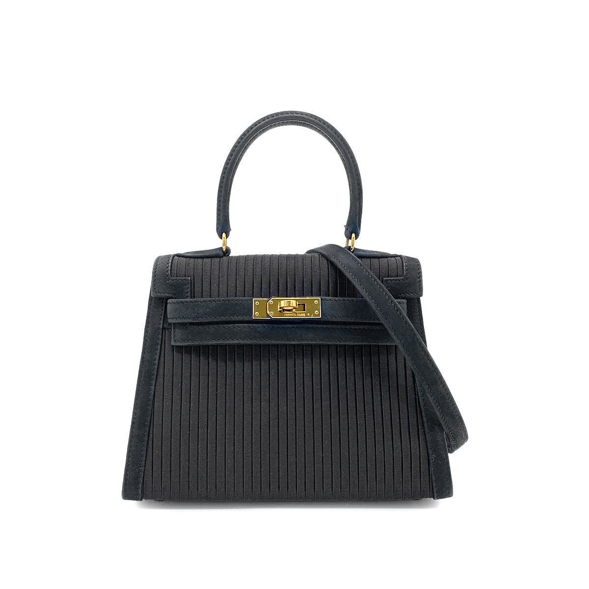 HERMES MINI KELLY 20 BLACK DEBRIS SATIN PLEATS HAND SHOULDER BAG 〇U GHW 90265308