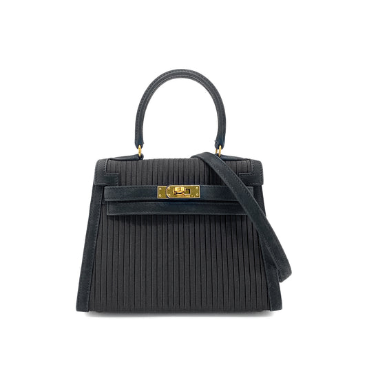 HERMES MINI KELLY 20 BLACK DEBRIS SATIN PLEATS HAND SHOULDER BAG 〇U GHW 90265308