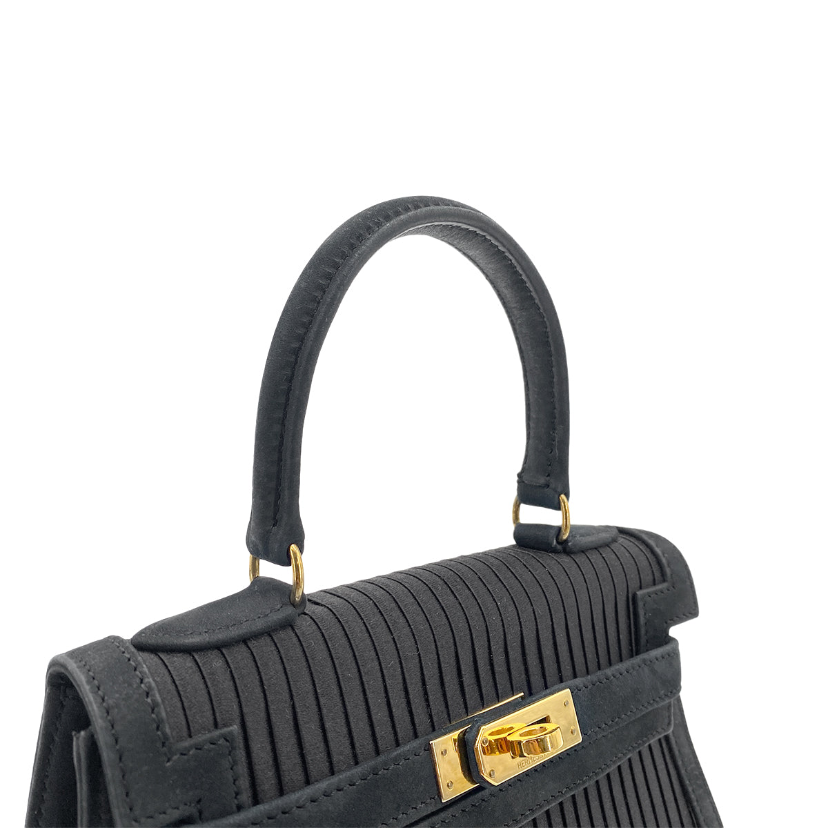 HERMES MINI KELLY 20 BLACK DEBRIS SATIN PLEATS HAND SHOULDER BAG 〇U GHW 90265308