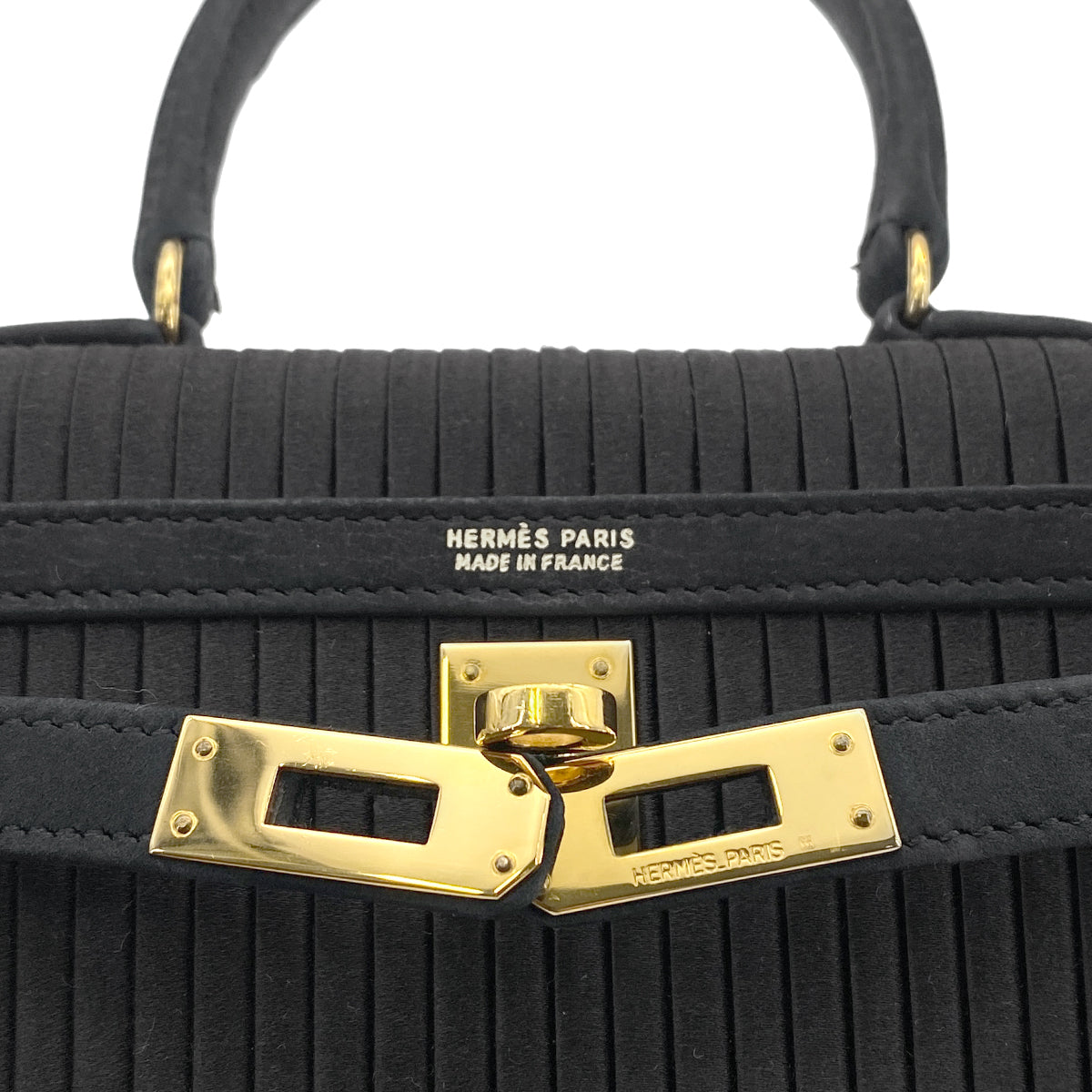 HERMES MINI KELLY 20 BLACK DEBRIS SATIN PLEATS HAND SHOULDER BAG 〇U GHW 90265308
