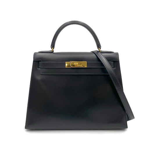 HERMES KELLY 28 SELLIER BLACK BOXCALF HAND SHOULDER BAG 〇U 90265329