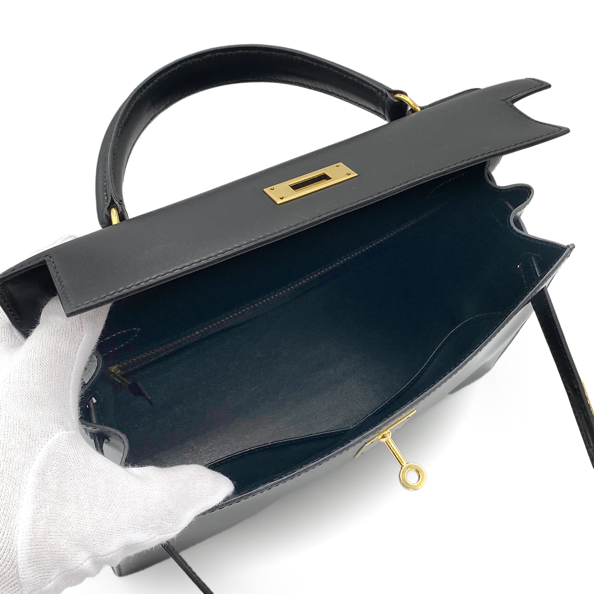 HERMES KELLY 28 SELLIER BLACK BOXCALF HAND SHOULDER BAG 〇U 90265329