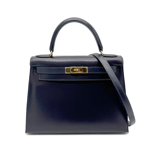 HERMES KELLY 28 SELLIER BLUE INDIGO BOX CALF HAND BAG □B GHW 90265331