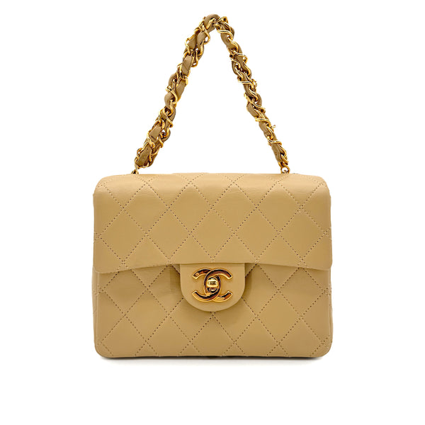 CHANEL VINTAGE MINI SQUARE 17 CHAIN HAND BAG BEIGE LAMB SKIN 90265880 - PURPOSE