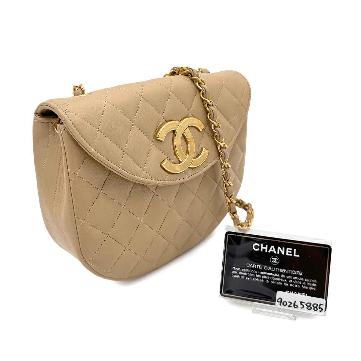CHANEL VINTAGE BIG COCO HALF MOON CHAIN SHOULDER BAG BEIGE LAMB SKIN 90265885