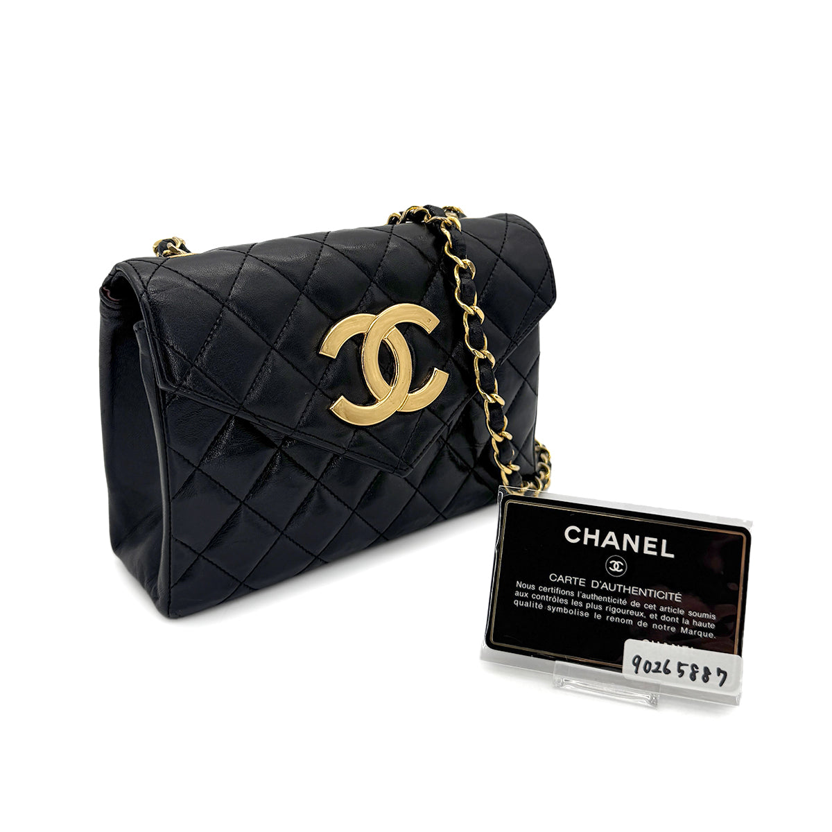 CHANEL VINTAGE MATELASSE BIG COCO CHAIN SHOULDER BAG BLACK LAMB SKIN 90265887