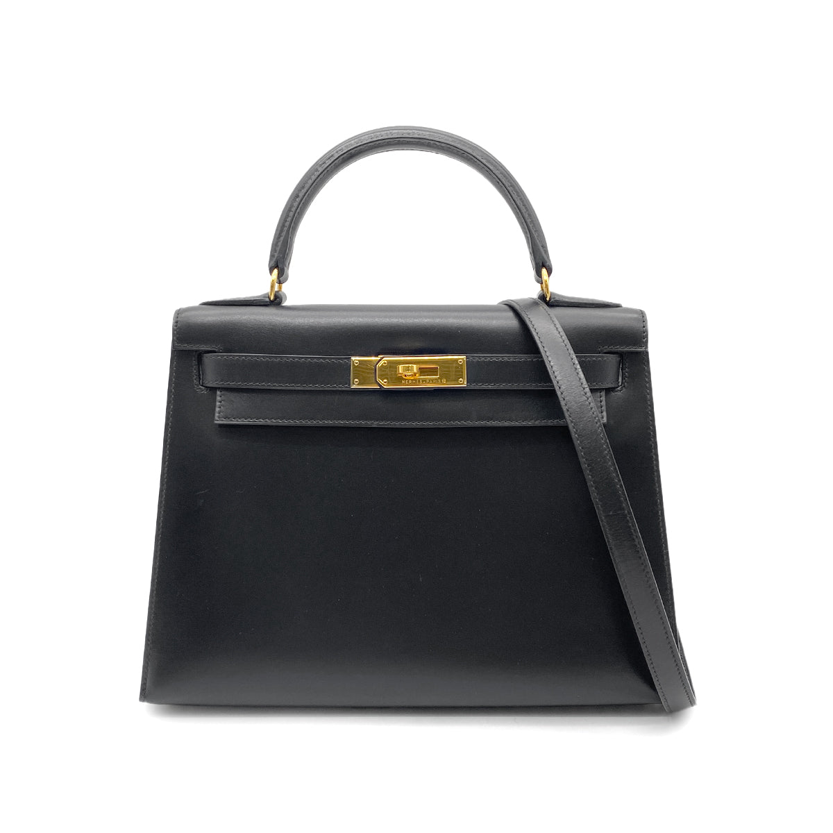 HERMES KELLY 28 SELLIER BLACK BOXCALF HAND SHOULDER BAG □A GHW 90265892