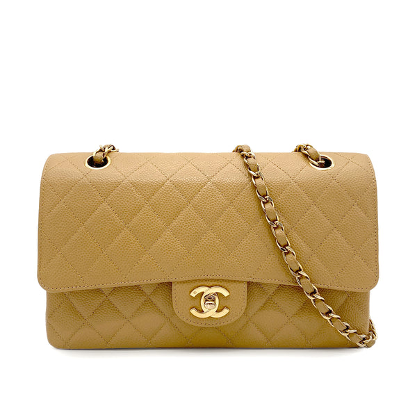 CHANEL VINTAGE CLASSIC FLAP MEDIUM CHAIN SHOULDER BAG BEIGE CAVIAR SKIN 90265918 - PURPOSE