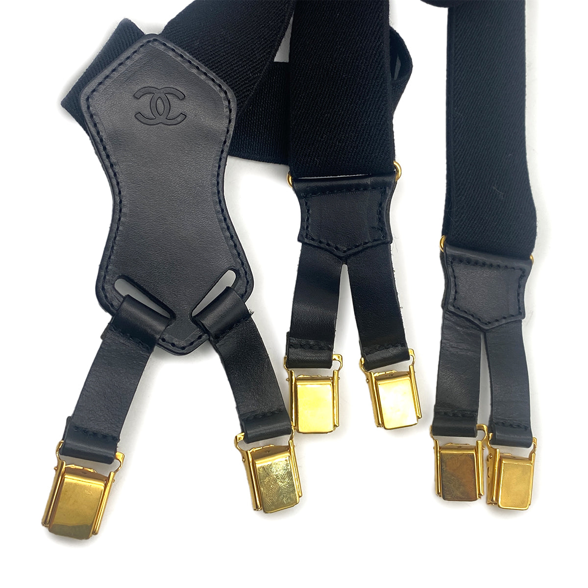 CHANEL VINTAGE SUSPENDER LOGO BLACK WHITE CANVAS LEATHER 90266158