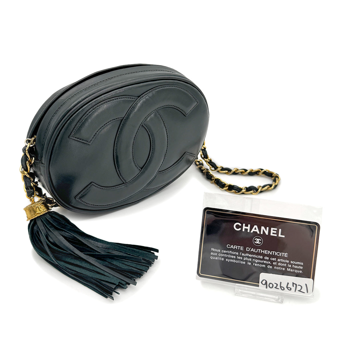 CHANEL VINTAGE FRINGE BIG COCO ROUND CHAIN SHOULDER BAG KAHKI LAMB SKIN 90266721