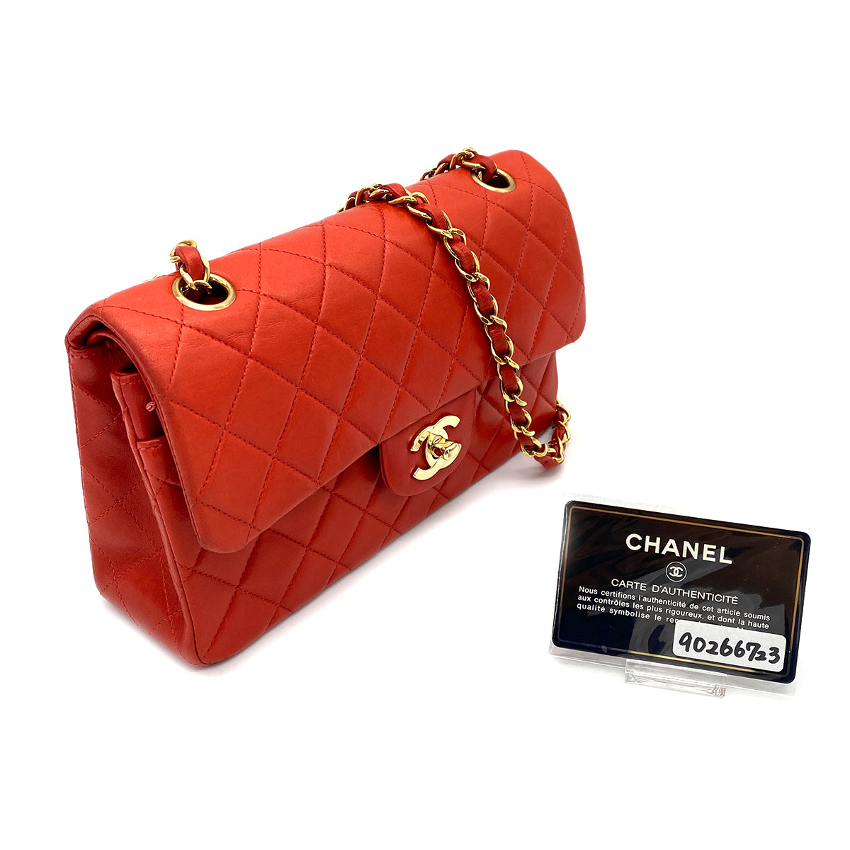 CHANEL VINTAGE CLASSIC FLAP SMALL CHAIN SHOULDER BAG RED LAMB SKIN 90266723