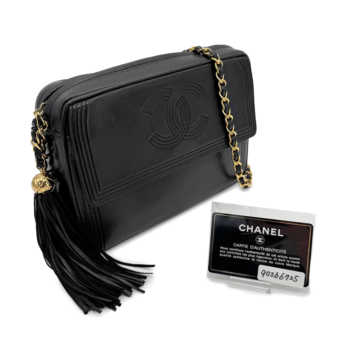 CHANEL VINTAGE FRINGE CHAIN SHOULDER BAG BLACK LAMB SKIN 90266725