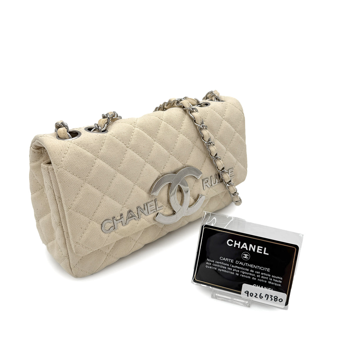 CHANEL VINTAGE CRUISE LINE CHAIN SHOULDER BAG BEIGE CANVAS 90267380