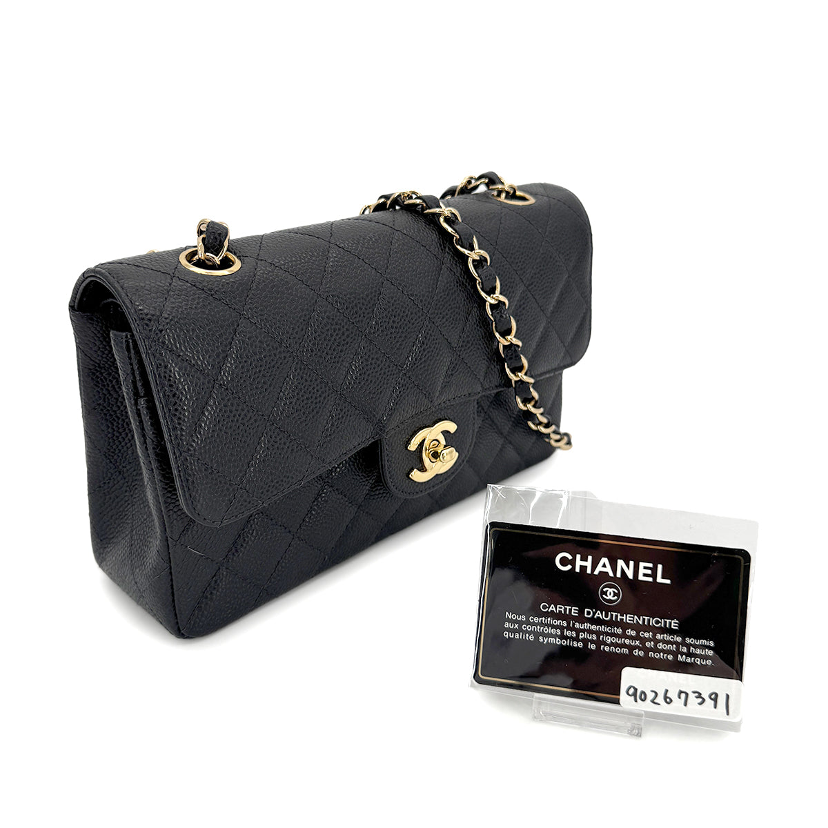 CHANEL VINTAGE CLASSIC FLAP SMALL CHAIN SHOULDER BAG BLACK CAVIAR SKIN 90267391