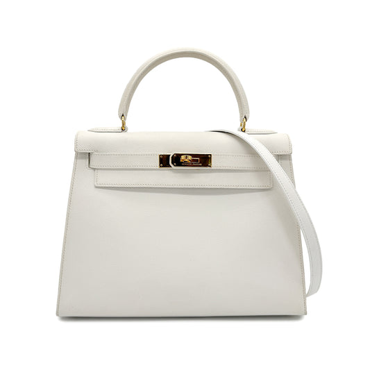 HERMES KELLY 28 SELLIER WHITE VEAU GRAINE HAND SHOULDER BAG 〇V GHW 90267443