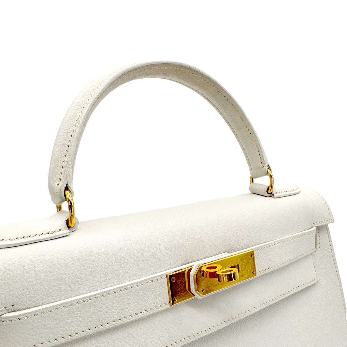 HERMES KELLY 28 SELLIER WHITE VEAU GRAINE HAND SHOULDER BAG 〇V GHW 90267443