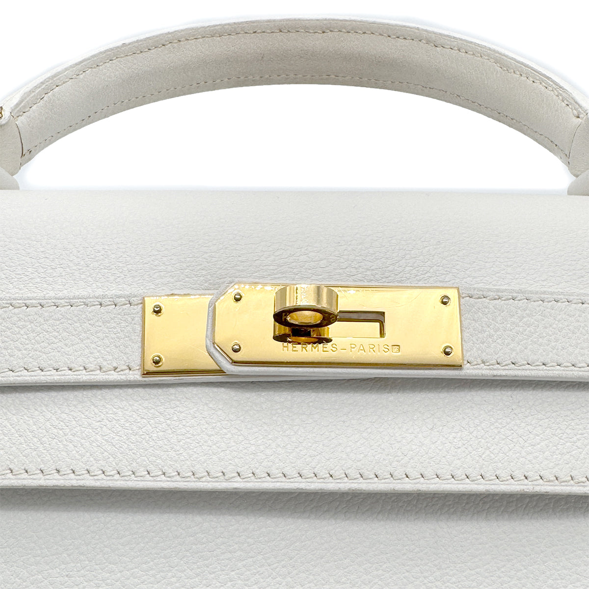 HERMES KELLY 28 SELLIER WHITE VEAU GRAINE HAND SHOULDER BAG 〇V GHW 90267443