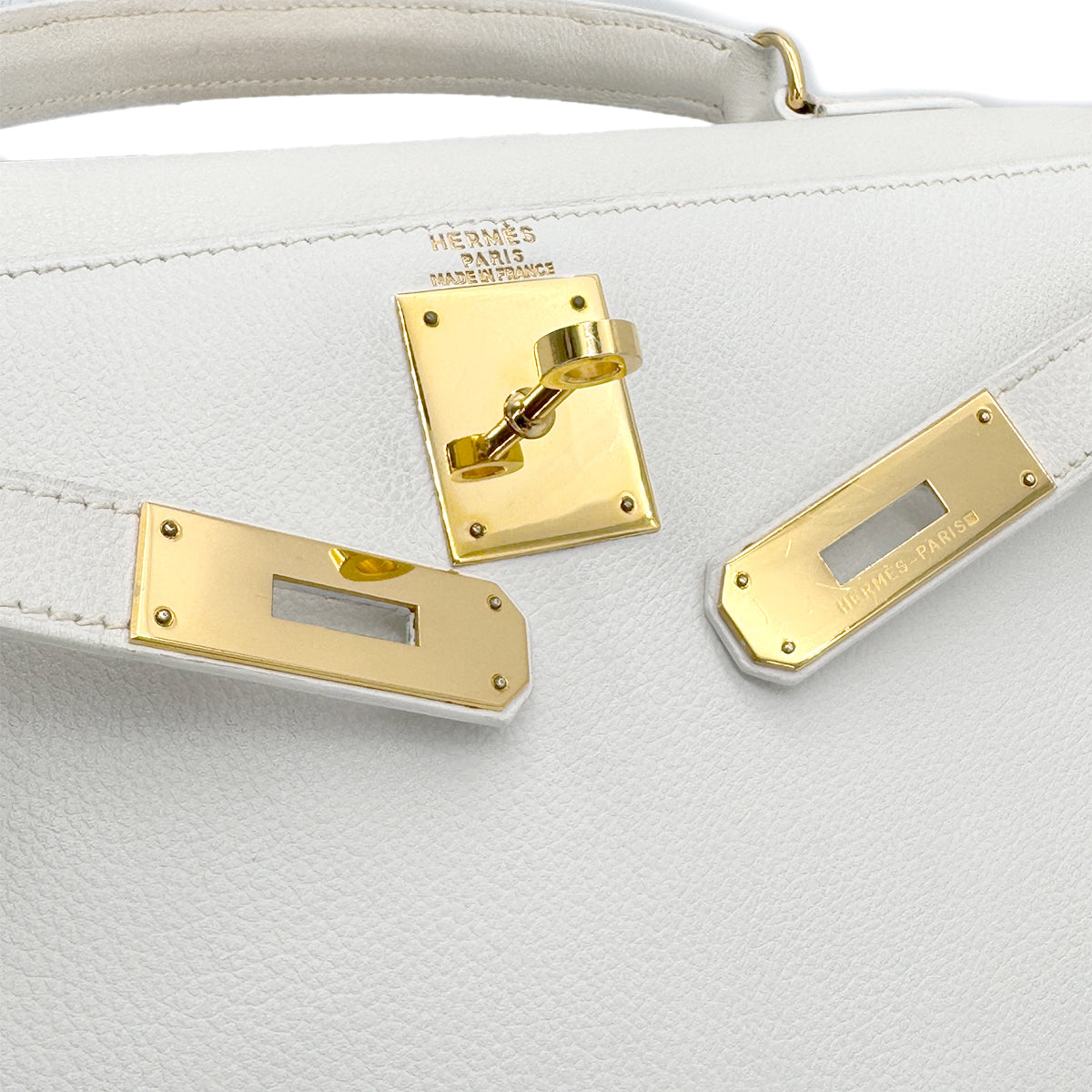 HERMES KELLY 28 SELLIER WHITE VEAU GRAINE HAND SHOULDER BAG 〇V GHW 90267443