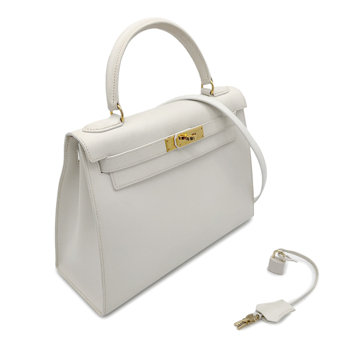 HERMES KELLY 28 SELLIER WHITE VEAU GRAINE HAND SHOULDER BAG 〇V GHW 90267443