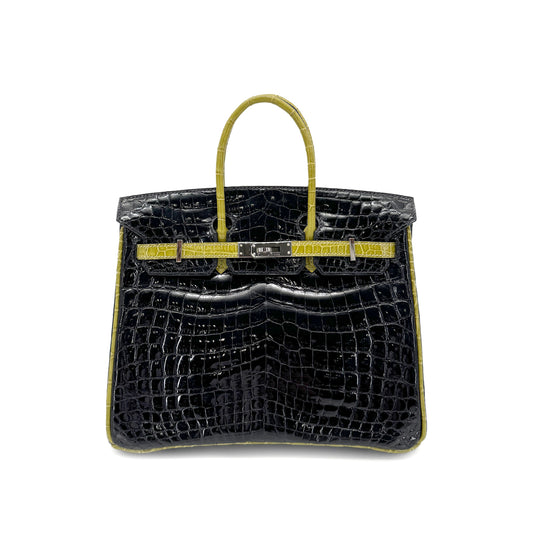 HERMES BIRKIN 25 BLACK CHARTREUSE CROCODILE NILOTICUS LISSE HAND BAG □H SHW 90267754