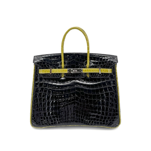 HERMES BIRKIN 25 BLACK CHARTREUSE CROCODILE NILOTICUS LISSE HAND BAG □H SHW 90267754 - PURPOSE