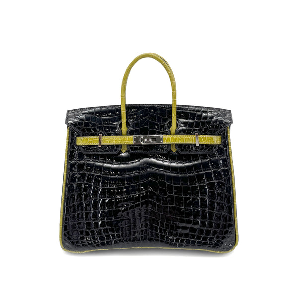 HERMES BIRKIN 25 BLACK CHARTREUSE CROCODILE NILOTICUS LISSE HAND BAG □H SHW 90267754 - PURPOSE