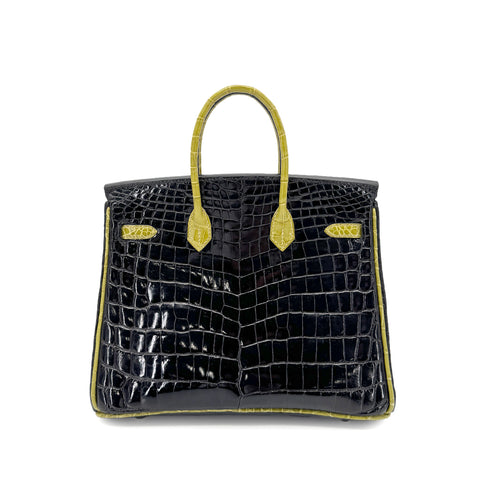 HERMES BIRKIN 25 BLACK CHARTREUSE CROCODILE NILOTICUS LISSE HAND BAG □H SHW 90267754 - PURPOSE