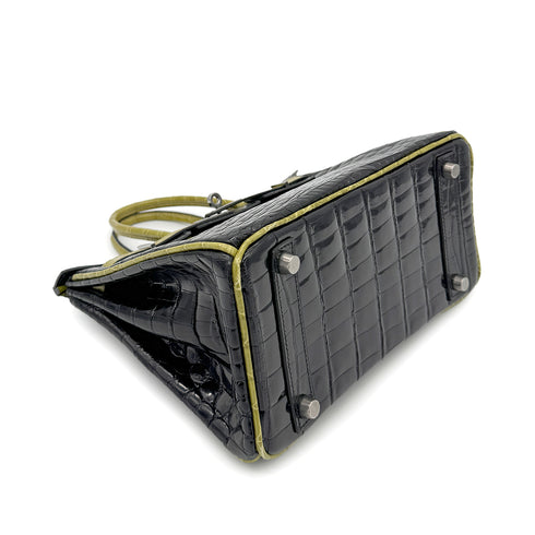 HERMES BIRKIN 25 BLACK CHARTREUSE CROCODILE NILOTICUS LISSE HAND BAG □H SHW 90267754 - PURPOSE