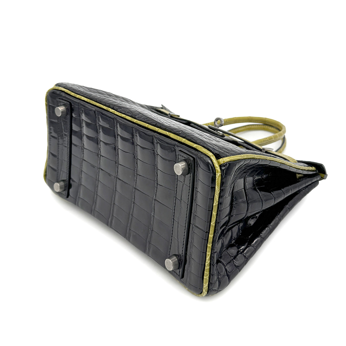 HERMES BIRKIN 25 BLACK CHARTREUSE CROCODILE NILOTICUS LISSE HAND BAG □H SHW 90267754