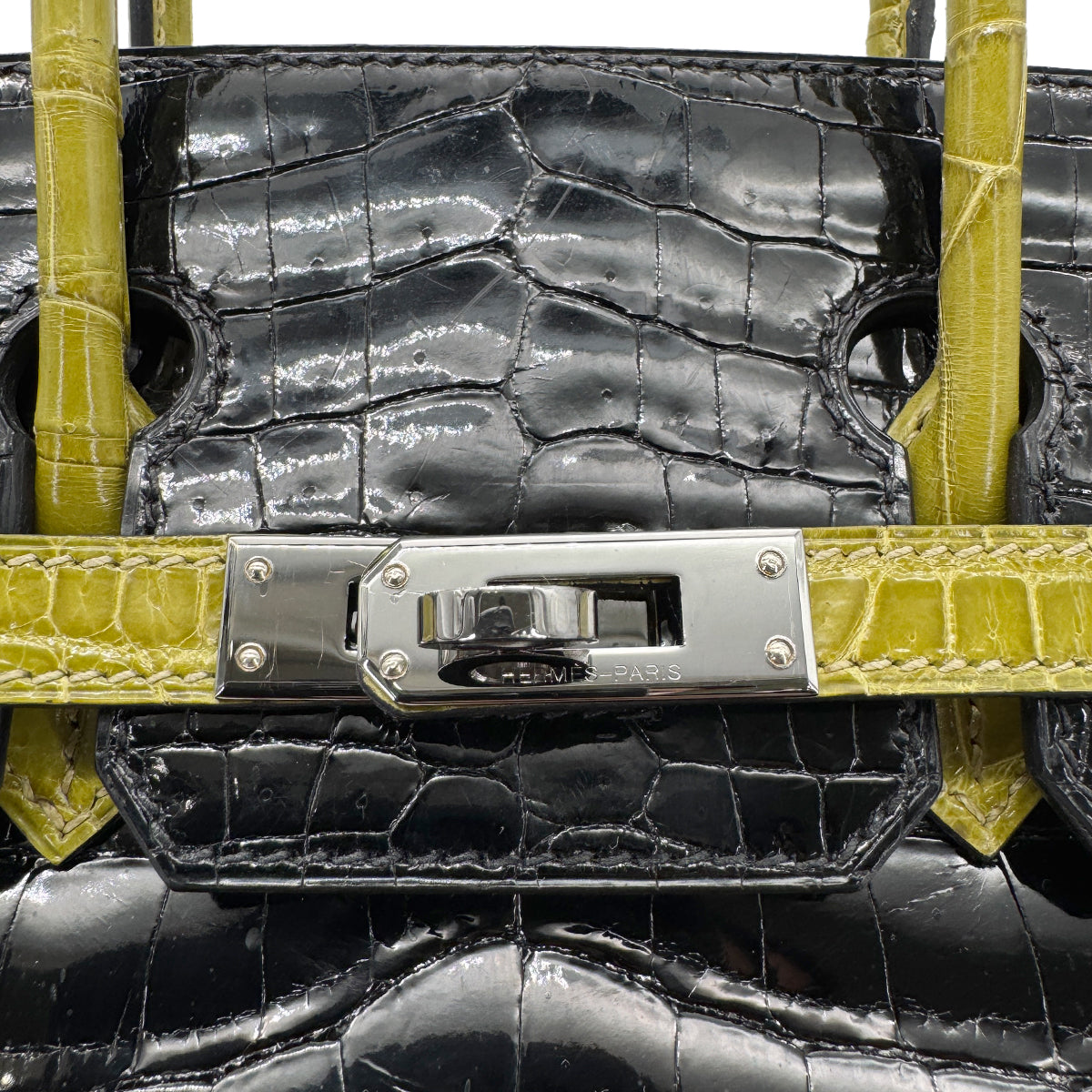 HERMES BIRKIN 25 BLACK CHARTREUSE CROCODILE NILOTICUS LISSE HAND BAG □H SHW 90267754