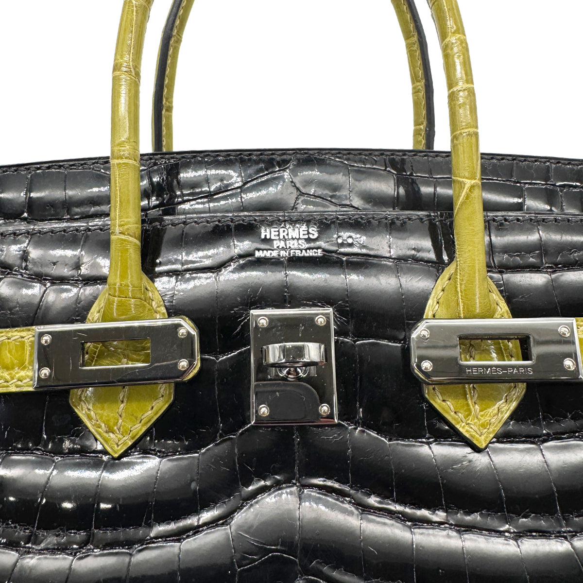 HERMES BIRKIN 25 BLACK CHARTREUSE CROCODILE NILOTICUS LISSE HAND BAG □H SHW 90267754