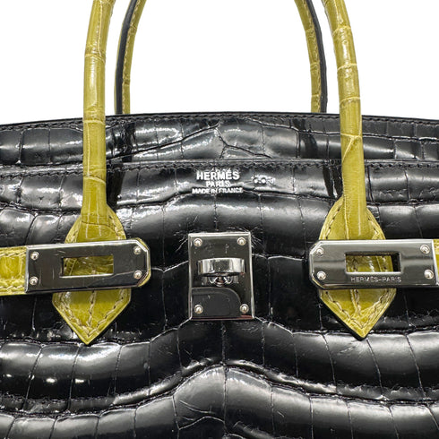 HERMES BIRKIN 25 BLACK CHARTREUSE CROCODILE NILOTICUS LISSE HAND BAG □H SHW 90267754 - PURPOSE
