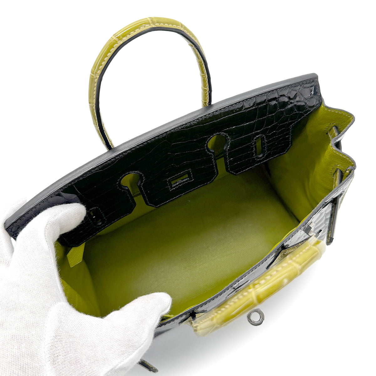 HERMES BIRKIN 25 BLACK CHARTREUSE CROCODILE NILOTICUS LISSE HAND BAG □H SHW 90267754