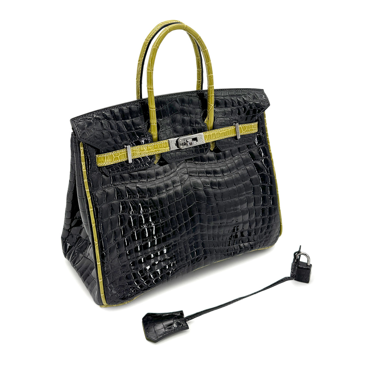 HERMES BIRKIN 25 BLACK CHARTREUSE CROCODILE NILOTICUS LISSE HAND BAG □H SHW 90267754