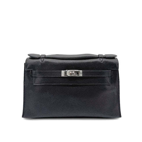 HERMES KELLY POCHETTE SELLIER BLACK EVERGRAIN HAND BAG □H PALLADIUM HARDWARE 90267766 - PURPOSE