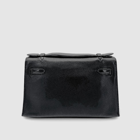 HERMES KELLY POCHETTE SELLIER BLACK EVERGRAIN HAND BAG □H PALLADIUM HARDWARE 90267766 - PURPOSE