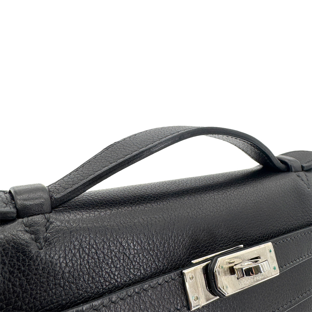 HERMES KELLY POCHETTE SELLIER BLACK EVERGRAIN HAND BAG □H SHW 90267766