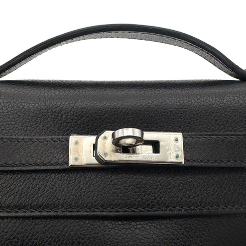 HERMES KELLY POCHETTE SELLIER BLACK EVERGRAIN HAND BAG □H PALLADIUM HARDWARE 90267766 - PURPOSE
